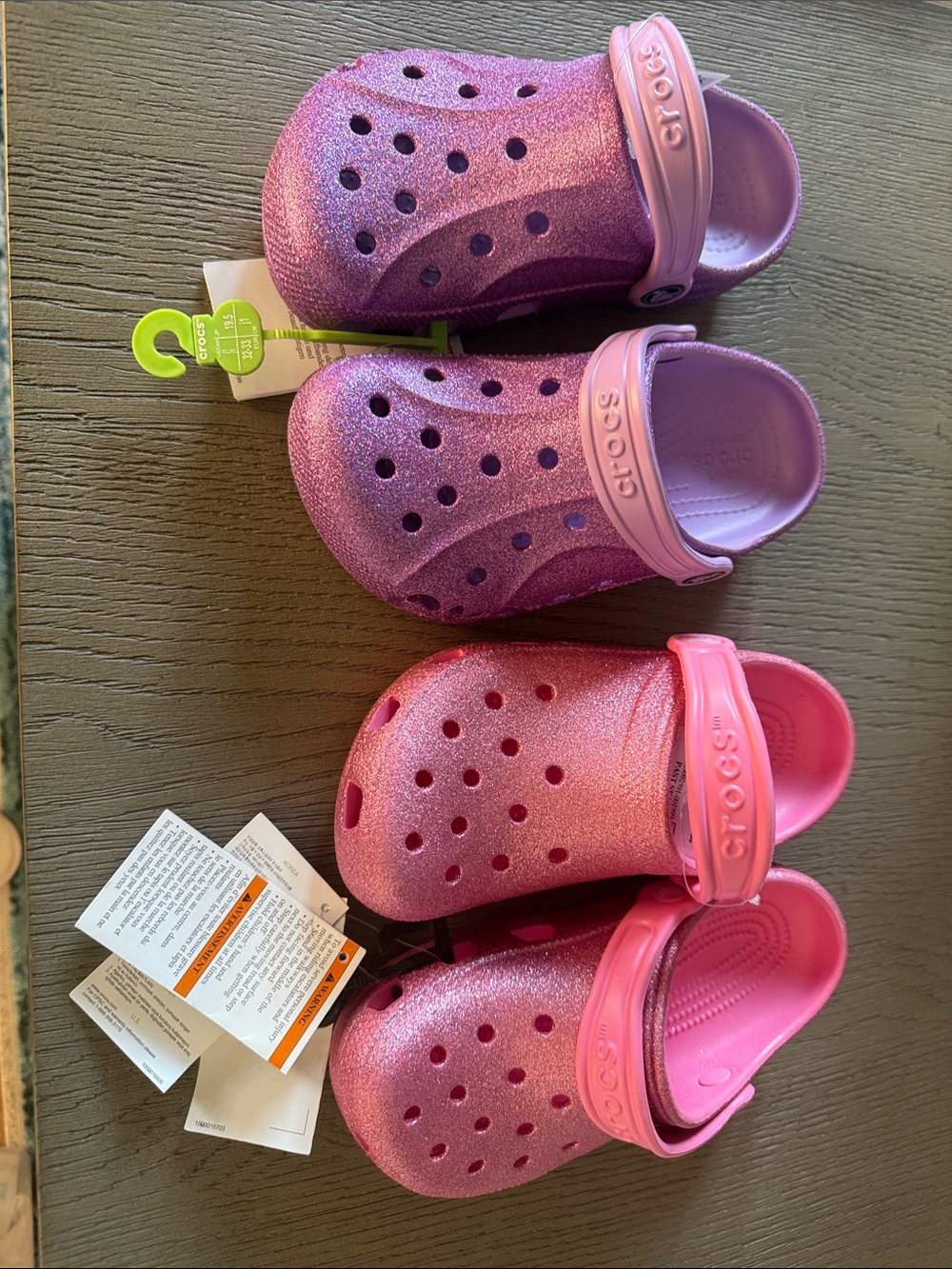 NWT 2 pair CROCS Kids Glitter Clogs in Purple and Pink